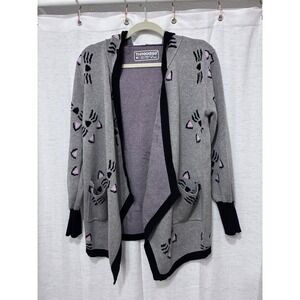 ThinkGeek Gray Cat Face Hooded Open Front Cardigan Sweater Pockets Womens Medium